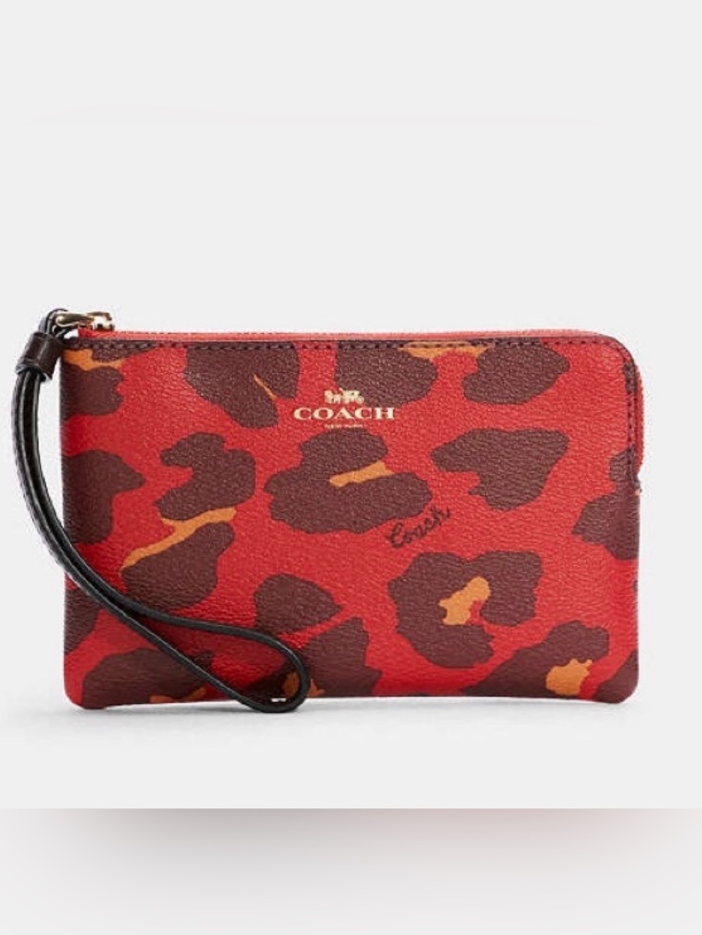 Coach Red Leopard Print Wristlet Clutch with Brown Strap